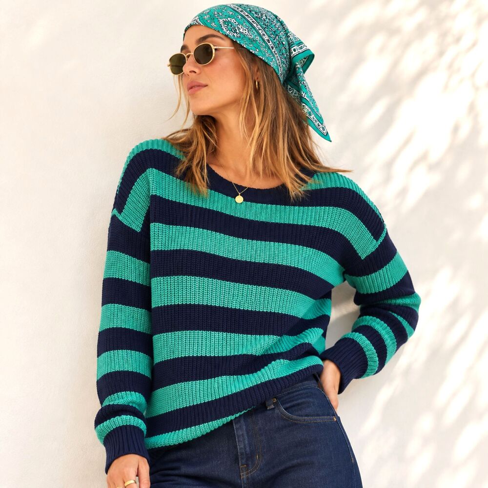 Vince Camuto Cotton Striped Back Button Sweater Teal Green Navy Knit Top L Retro